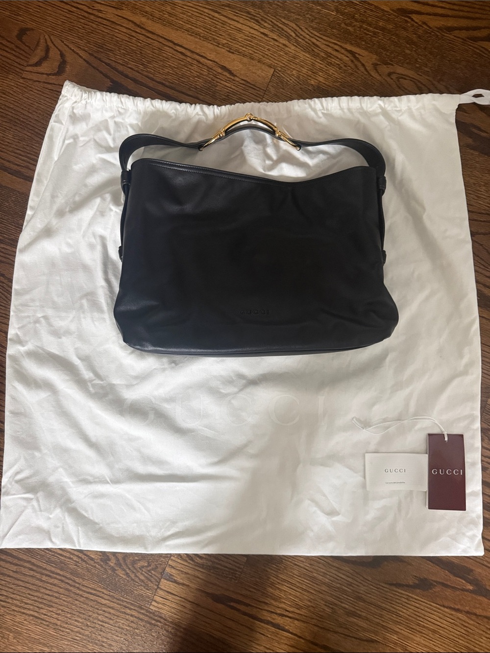 GUCCI Beatrix Medium Tote Bag Black Leather Horsebit Gold Hardware